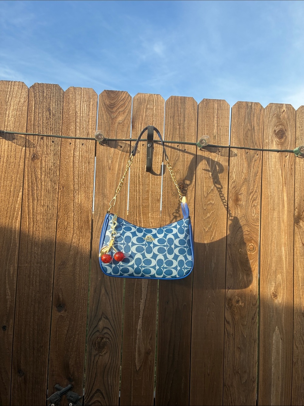 Coach Blue Signature Jacquard Mini Shoulder Bag with Cherry Charm